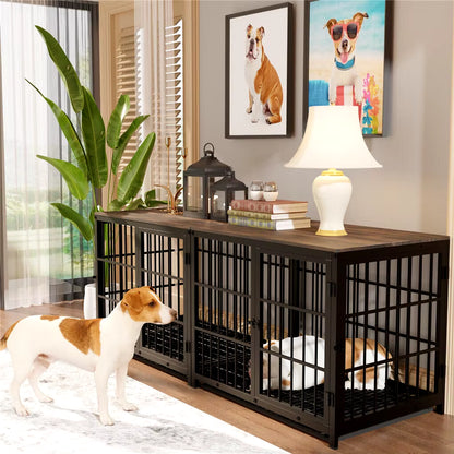 Heavy Duty Dog Kennels Metal Wooden Dog Crate End Table Furniture Style Pet Cage with Three Doors and Removable Tray