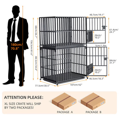 Oversized Stackable Dog Crate Heavy Duty Double Layer Dog Kennel Cage for Medium Large Dogs with Removable Tray Lockable Wheels