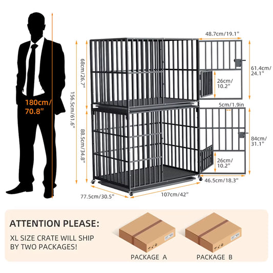 Oversized Stackable Dog Crate Heavy Duty Double Layer Dog Kennel Cage for Medium Large Dogs with Removable Tray Lockable Wheels