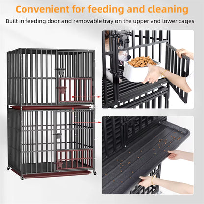 Oversized Stackable Dog Crate Heavy Duty Double Layer Dog Kennel Cage for Medium Large Dogs with Removable Tray Lockable Wheels