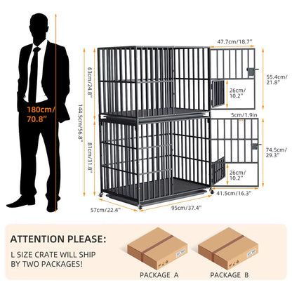 Oversized Stackable Dog Crate Heavy Duty Double Layer Dog Kennel Cage for Medium Large Dogs with Removable Tray Lockable Wheels