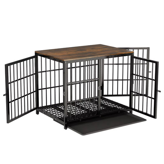 Dog Crate Furniture White Pet Kennel Black Cage End Table with Three Doors and Removable Tray, for Small Medium Large Dogs