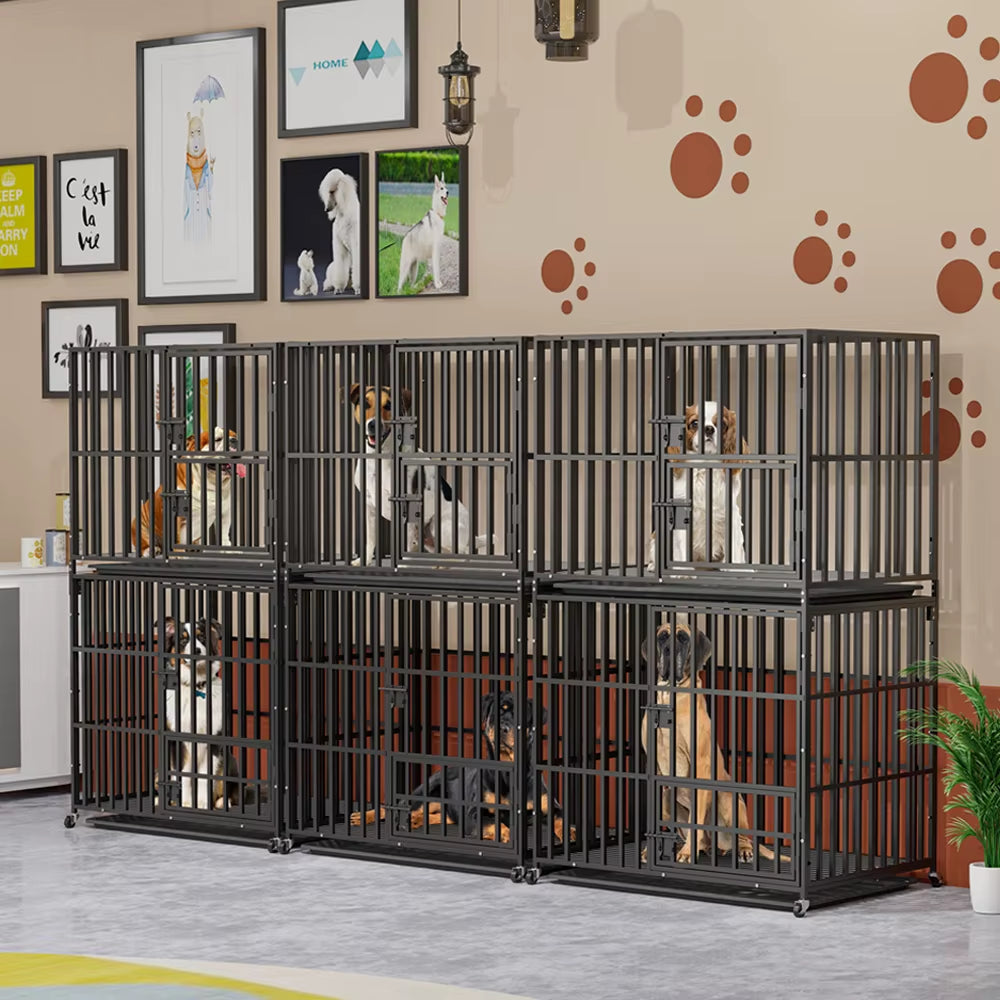 Oversized Stackable Dog Crate Heavy Duty Double Layer Dog Kennel Cage for Medium Large Dogs with Removable Tray Lockable Wheels