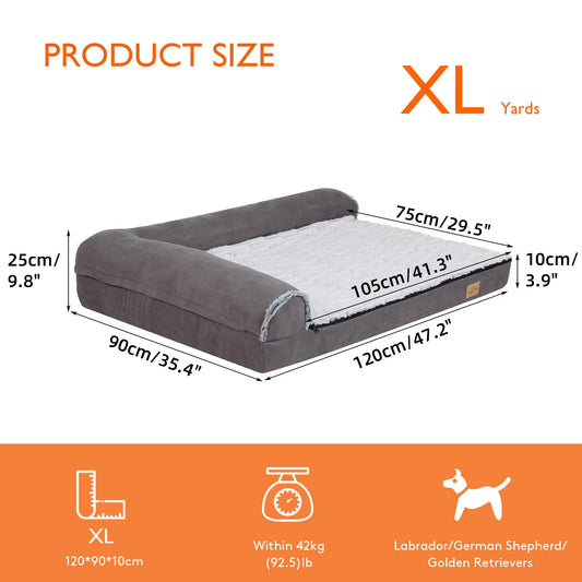 Bolster Dog Bed for Extra Large Dogs, Memory Foam Orthopedic L-Shape Dog Beds with Removable Washable Cover Cozy Plush Dog Sofa