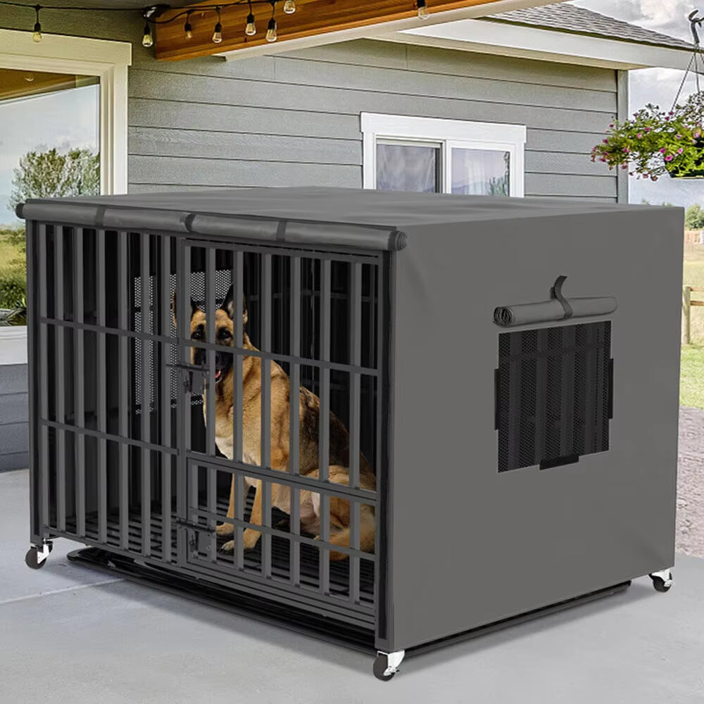 Heavy Duty Dog Crate Large Pet Cage with Waterproof Cover on Wheeled Dog Kennel Tear Resistant Square Tube Puppy Cage with Tray